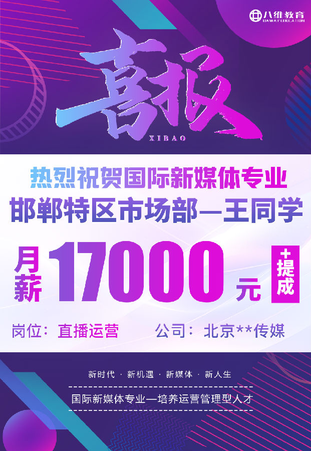 八維職業學校國際新媒體最近就業喜報來襲